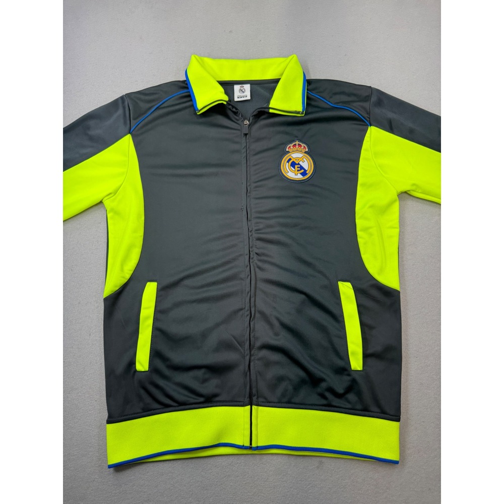 Real Madrid CF Track Jacket Mens Medium Grey Neon Yellow Full Zip Soccer Jacket